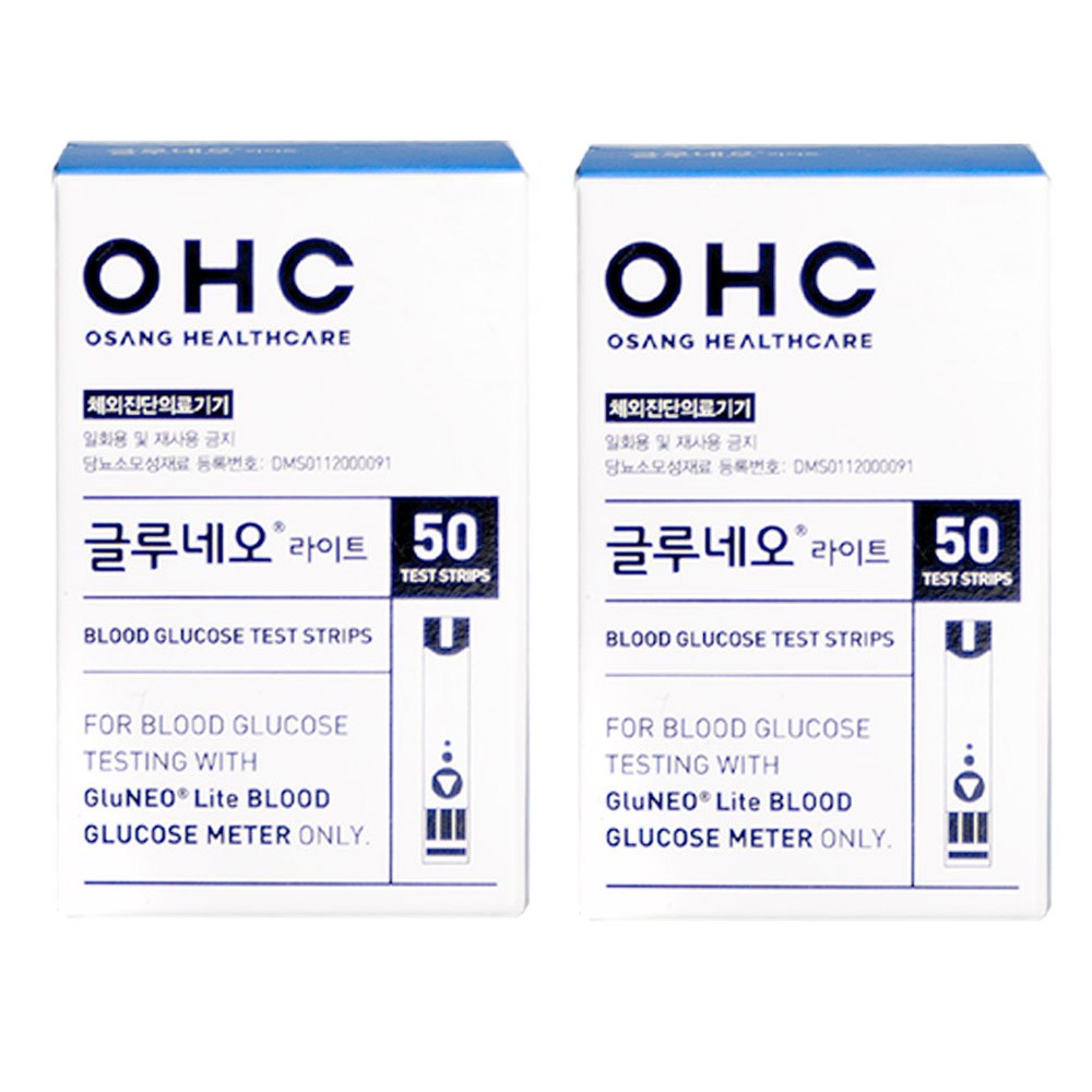 오상헬스케어 글루네오 라이트 혈당검사지, 2개, 50개입
