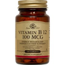 솔가 비타민 B12 100mcg 글루텐 프리 비건 무설탕 타블렛, 100개입, 1개