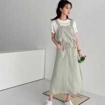 오오엘 여성 뷔스티에 허리끈 양포켓 니트 오버롤 원피스