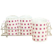 LKmade 칼라도트 핑크 도자기 밀폐 양념통 세트 3조, 1세트, 양념통 6p (몸통 3p + 뚜껑 3p) + 거치대