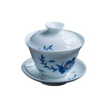 경덕진 청화 석류 개완 찻잔 + 찻잔 뚜껑 + 찻잔 받침, 블루+화이트+레드, 1세트