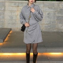 메이첼 체크 셔링 랩 셔츠형 원피스 00294