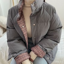 여성용 리버시블 체크 양면 하프 숏 패딩