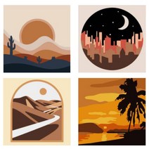 리빙듀오 DIY 유화 그리기 선인장 경관 + 달과 밤 도시 + 아올리언의 지형 + 노을 진 야자수 세트 20 x 20 cm, 혼합색상