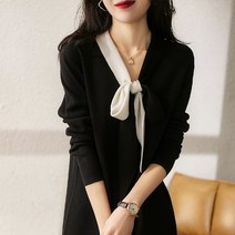 페이퍼먼츠 흑백시럽 리본넥 모던 니트 원피스 01329