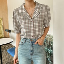 오픈 카라넥 배색 체크 패턴 블라우스