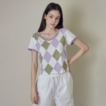 샐러드볼즈 여성용 아가일 U넥 티셔츠 S222TS05WH