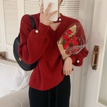 비비에모 여성용 트임넥 진주 포인트 니트 티셔츠 02084