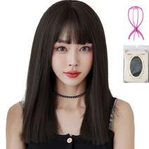 하이유니 스트레이트 펌 뱅 헤어 통가발 45cm + 가발망 + 거치대 세트, 네츄럴블랙(가발), 랜덤발송(거치대), 1세트
