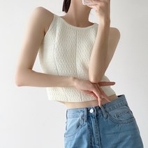 페이퍼먼츠 여성용 여름 라운드넥 뜨개 민소매 니트 크롭 탑 04298