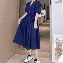 비비에모 마카다 레트로 카라넥 퍼프소매 중앙버튼 미디 원피스 03653