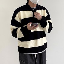 오버핏 스트라이프 버튼 카라 니트