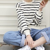 빼빼 여성용 펌킨퍼프소매 뒷단추 스트라이프 니트 티셔츠