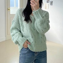 플랜데이 여성용 버블 그물 꽈배기 크롭 브이넥 긴팔 니트