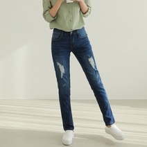 빼빼 여성용 데일리 구제 슬림 일자 데님 팬츠