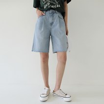 빼빼 여성용 핀턱포인트 밑단컷팅 5부 데님 반바지