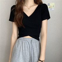 여신 여성용 브이넥 랩 크롭 반팔 티셔츠