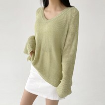 플랜데이 여성용 여리여리 썸머 루즈핏 부클 옆트임 브이넥 니트