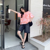 여성용 베다르 박시 물나염 프린팅 반팔 티셔츠 T9277K23