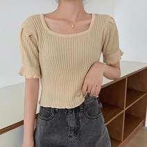 레몬소울 여성용 자르토 스퀘어 골지 반팔 니트티