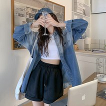 패션풀 여성용 투톤 루즈핏 데님 셔츠 28678