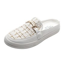 온메이커 여성용 체크패턴 버클장식 뮬 슬리퍼