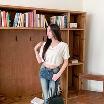 여성용 콜리딘 박시핏 브이넥 나그랑 무지 크롭 티셔츠 cpt12078k32