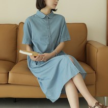 빼빼 여성용 카라넥 반팔 셔츠 데님 롱 원피스