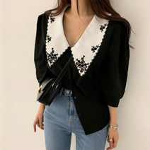 여성용 블랙101 플라워 빅카라 배색 셔츠 블라우스 A234WF00103