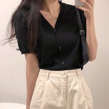 체리체리 여성용 린넨 브이넥 반팔 니트 가디건