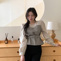 시크블랙 에이플 배색 사각체크 벨트 블라우스 cpbl4894k2b