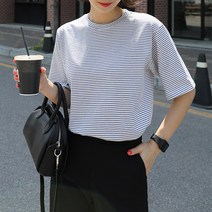 빼빼 여성용 이프 라운드넥 배색 스트라이프 반팔 티셔츠