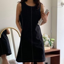 빼빼 여성용 라운드넥 스티치 슬리브리스 A라인 린넨 원피스