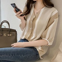 패션풀 세린 스트라이프 브이넥 블라우스 26755