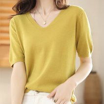 데이소이 여성용 세미 퍼프 V넥 반팔니트