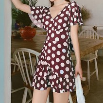 여성용 미드나잇코코 제리노 도트 브이넥 비치 원피스 B235WF02336