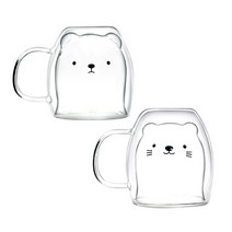라임올리브 동물 내열 이중 머그컵 2종 세트, 무표정캣+스마일캣, 2개