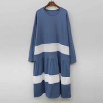 플랜데이 루즈핏 투톤 배색 셔링 긴팔 롱 원피스