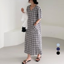 보에리에 여성용 쿨 루즈핏 체크 투포켓 반팔 롱 원피스