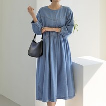 빼빼 여성용 라운드넥 결점커버 스티치 데님 원피스