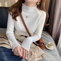 여성용 하이넥 얇은 프릴 긴팔 폴라티