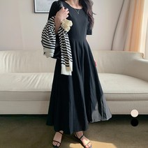 보에리에 여성용 뒷 버튼 퍼프 라운드넥 반팔 핀턱 롱 원피스