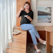 로미스토리 여성용 빅사이즈 브이넥 비스코스 케이블 반팔 니트