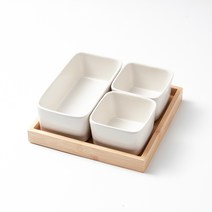 키올리 도자기 소분 정사각 2p + 직사각 반찬 접시 + 우드 트레이 세트, 접시 3종 + 트레이, 매트 화이트, 1세트