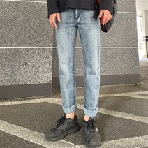 잘빠진 남성용 워싱 일자 레귤러핏 데님 팬츠