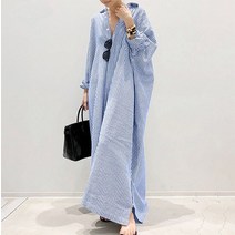 민성컴퍼니 언밸런스 린넨 셔츠 스트라이프 임부 롱원피스