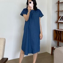 마이시즌 여성용 자수 청데님 반팔 원피스