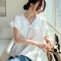 보에리에 여성용 어깨펀칭 롤업 반팔 블라우스