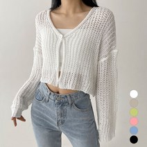 플랜데이 여성용 여름까지 원버튼 그물 짜임 니트 가디건