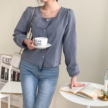 시크블랙 라사인 스퀘어넥 체크 블라우스 cpbl4936k31